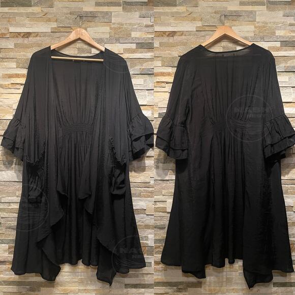 Mystical Avant Garde Black Duster Kimono | Smocked Waist Pockets Ruffle Art Wear - Picture 2 of 9